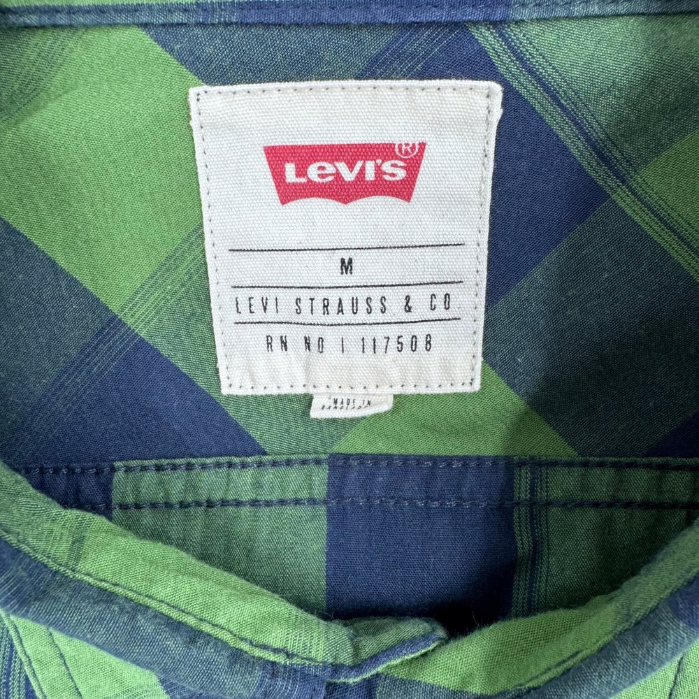 Levis Mens Medium Short Sleeve Buffalo Plaid Button Down Shirt‎ Green Navy Blue